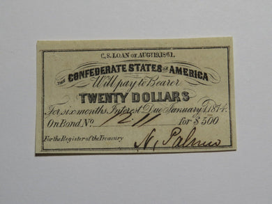 $20 1861 Confederate Bond Coupon Certificate Currency Bank Note Bill UNC