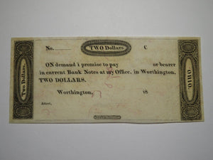$2 18__ Worthington Ohio OH Obsolete Currency Bank Note Erza Griswold UNC++