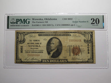 $10 1929 Wewoka Oklahoma OK National Currency Bank Note Bill Ch. #8052 VF20 PMG