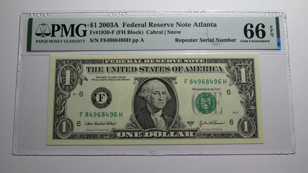 $1 2003A Repeater Serial Number Federal Reserve Currency Bank Note Bill UNC66EPQ