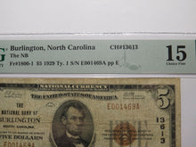Load image into Gallery viewer, $5 1929 Burlington North Carolina National Currency Bank Note Bill Ch #13613 F15