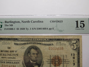 $5 1929 Burlington North Carolina National Currency Bank Note Bill Ch #13613 F15
