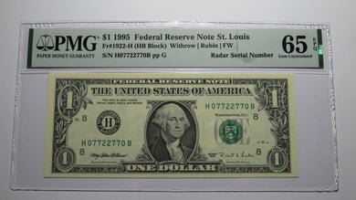 $1 1995 Radar Serial Number Federal Reserve Currency Bank Note Bill PMG UNC65EPQ