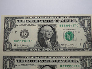 $1 2017 Uncut New York BEP Uncirculated Currency Sheet 2 Federal Reserve Notes
