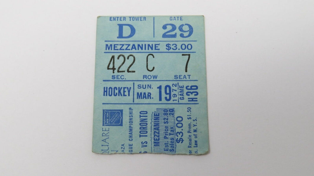 March 19, 1972 New York Rangers Vs. Toronto Maple Leafs NHL Hockey Ticket Stub