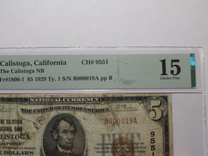 $5 1929 Calistoga California National Currency Bank Note Bill Ch. #9551 F15 PMG