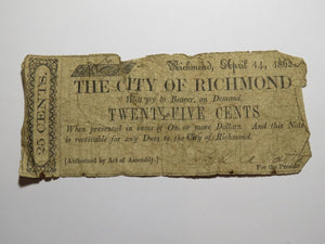 $.25 1862 Richmond Virginia VA Obsolete Currency Bank Note Bill City of Richmond