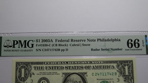 $1 2003 Radar Serial Number Federal Reserve Currency Bank Note Bill PMG UNC66EPQ