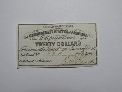 $20 1861 Confederate Bond Coupon Certificate Currency Bank Note Bill UNC