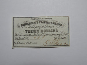 $20 1861 Confederate Bond Coupon Certificate Currency Bank Note Bill UNC