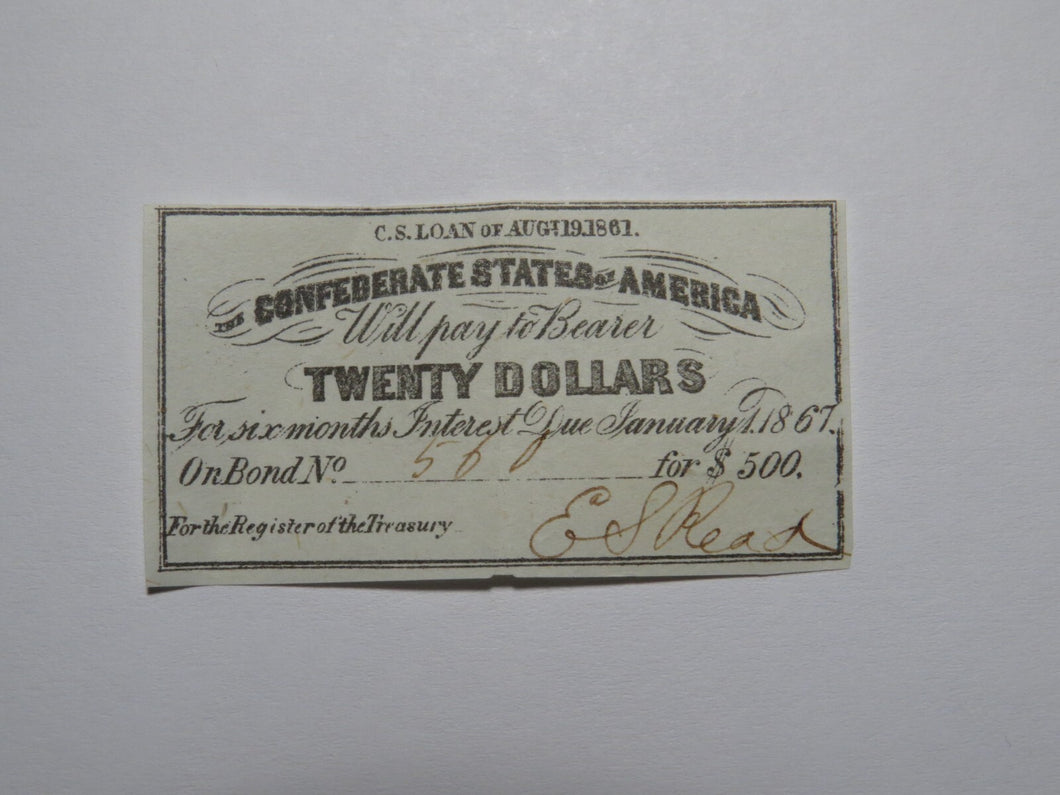 $20 1861 Confederate Bond Coupon Certificate Currency Bank Note Bill UNC