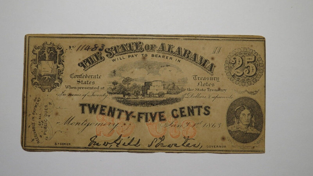 $.25 1863 Montgomery Alabama Obsolete Currency Bank Note Bill AU! Plate H