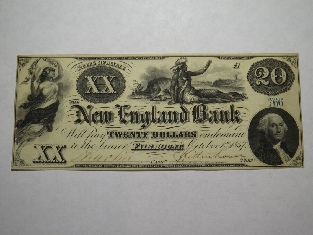 $20 1857 Fairmount Maine ME Obsolete Currency Bank Note Bill New England Bank