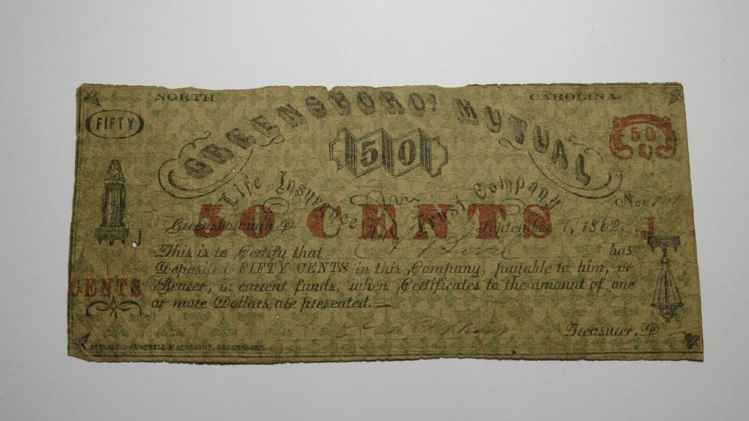 $.50 1862 Greensboro North Carolina NC Obsolete Currency Bank Bill! Mutual Bank