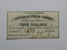 Load image into Gallery viewer, $4 1861 Confederate Bond Coupon Certificate Currency Bank Note Bill UNC