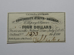 $4 1861 Confederate Bond Coupon Certificate Currency Bank Note Bill UNC