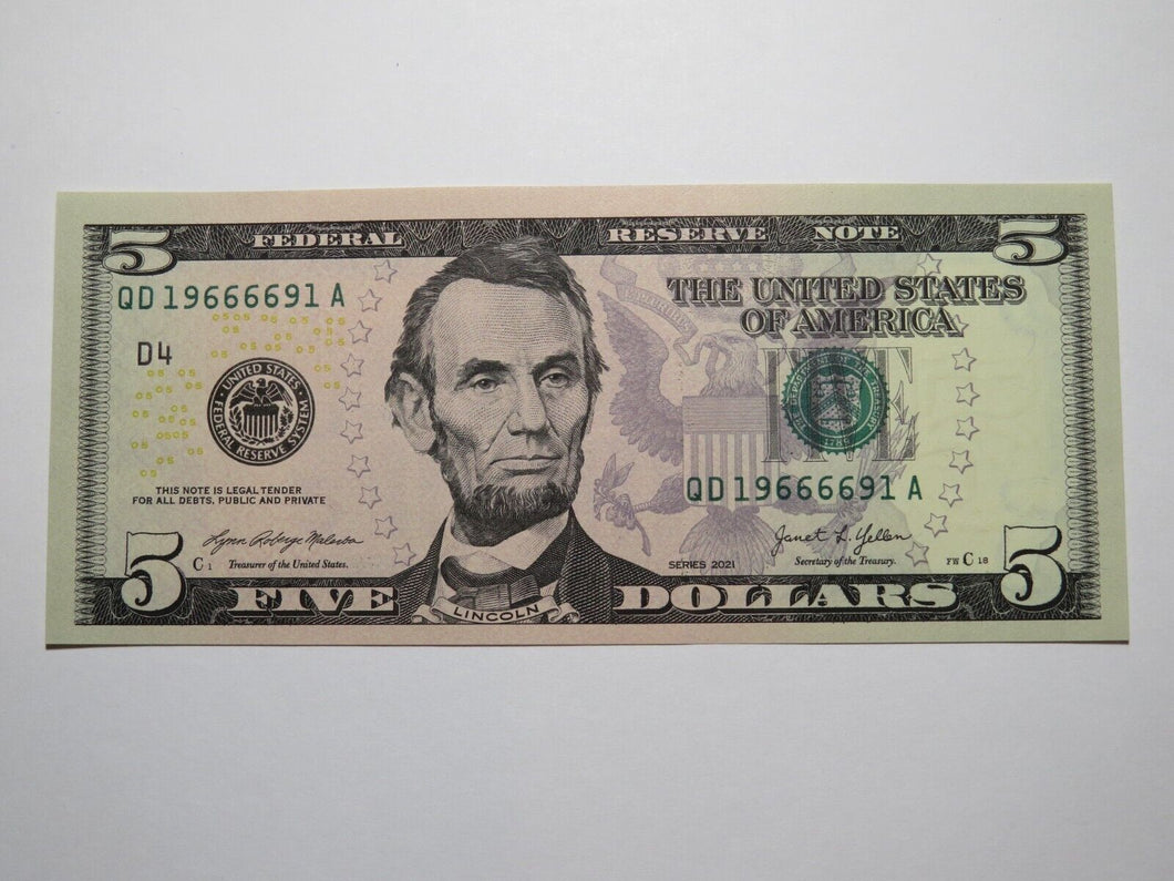$5 2021 Fancy Radar Serial Number Federal Reserve Currency Bank Note Bill UNC++