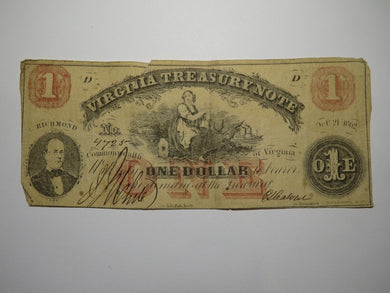 $1 1862 Richmond Virginia VA Obsolete Currency Treasury Bank Note Bill