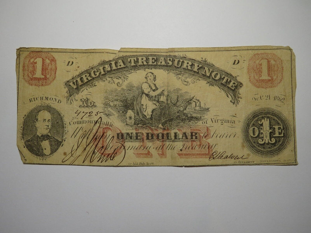 $1 1862 Richmond Virginia VA Obsolete Currency Treasury Bank Note Bill