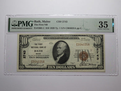 $10 1929 Bath Maine ME National Currency Bank Note Bill Ch. #2743 VF35 PMG
