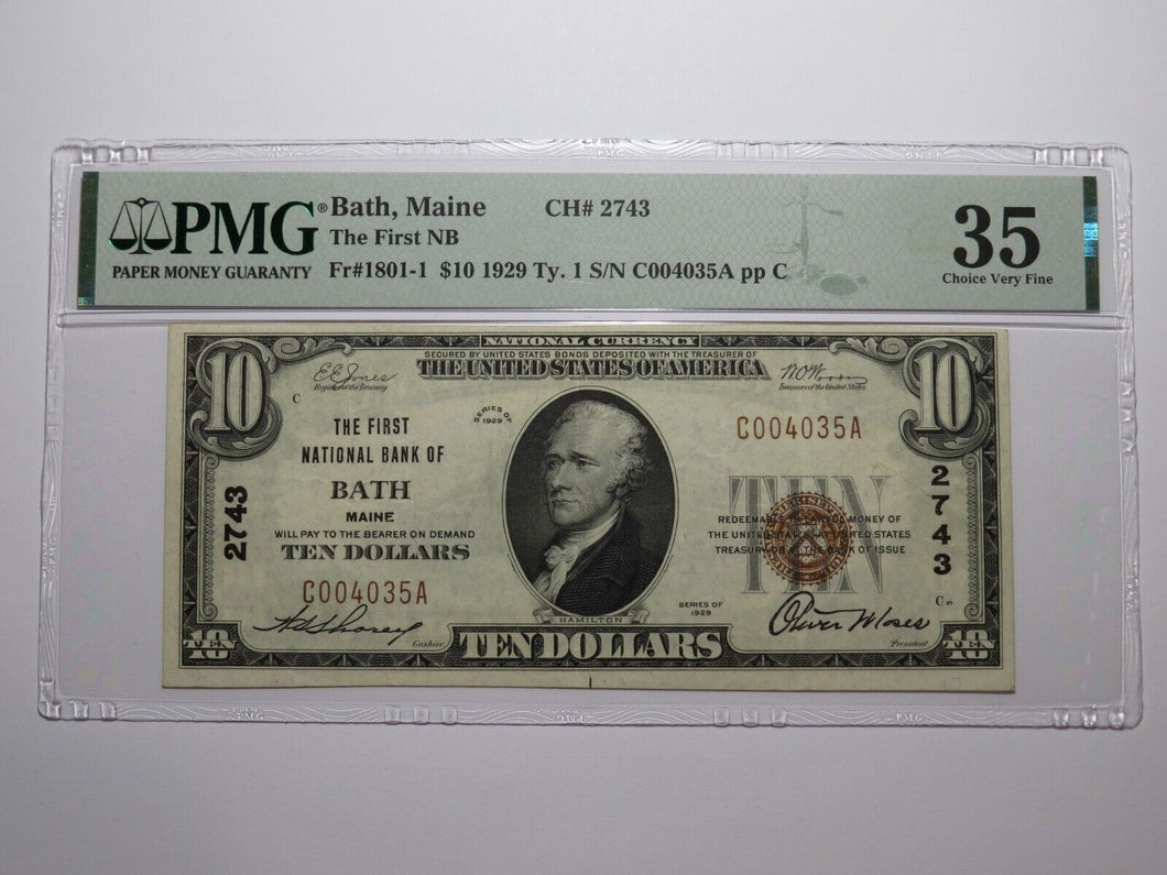 $10 1929 Bath Maine ME National Currency Bank Note Bill Ch. #2743 VF35 PMG
