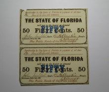 Load image into Gallery viewer, $.50 1863 Tallahassee Florida FL Uncut Pair of Obsolete Currency Bank Note Bills
