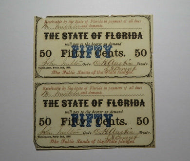$.50 1863 Tallahassee Florida FL Uncut Pair of Obsolete Currency Bank Note Bills