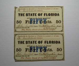 $.50 1863 Tallahassee Florida FL Uncut Pair of Obsolete Currency Bank Note Bills
