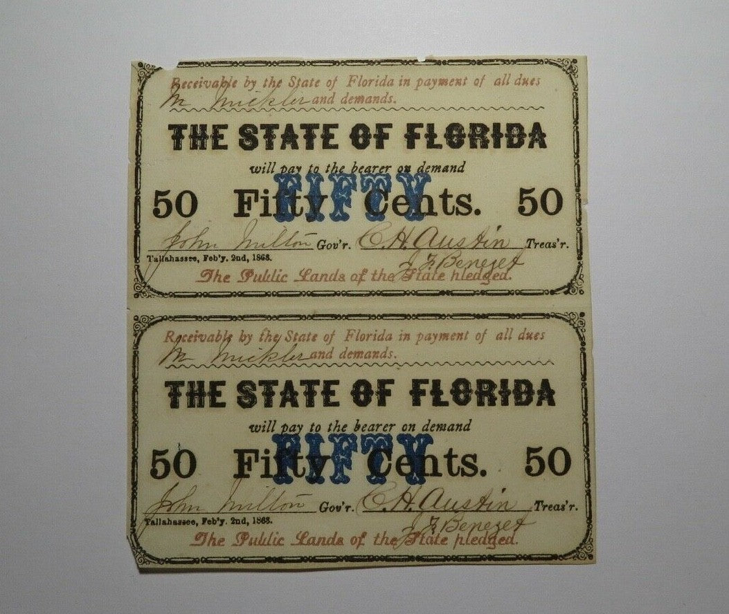 $.50 1863 Tallahassee Florida FL Uncut Pair of Obsolete Currency Bank Note Bills