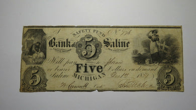 $5 1837 Saline Michigan MI Obsolete Currency Bank Note Bill! Bank of Saline