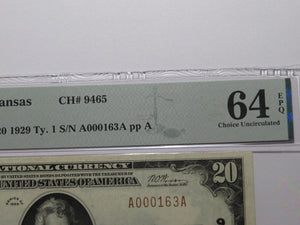 $20 1929 Thayer Kansas KS National Currency Bank Note Bill Ch. #9465 UNC64 PMG