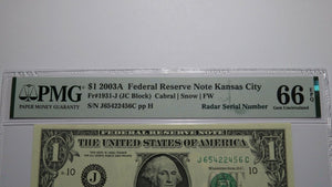 $1 2003 Radar Serial Number Federal Reserve Currency Bank Note Bill PMG UNC66EPQ