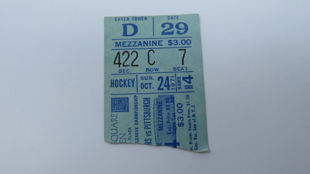 October 24, 1971 New York Rangers Vs. Pittsburgh Penguins NHL Hockey Ticket Stub