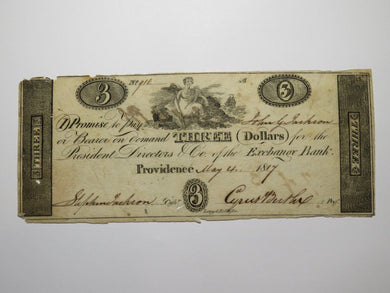 $3 1817 Providence Rhode Island Obsolete Currency Bank Note Bill Exchange Bank