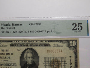 $20 1929 Meade Kansas KS National Currency Bank Note Bill Ch. #7192 VF25 PMG