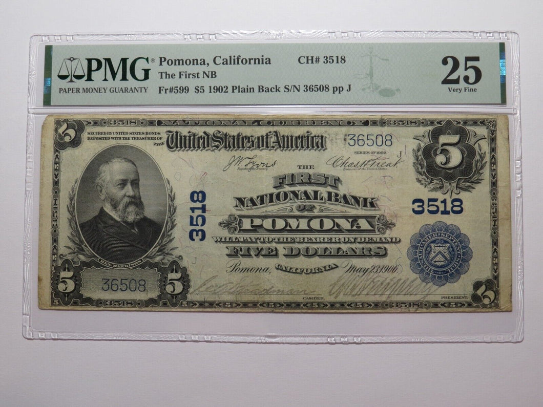 $5 1902 Pomona California CA National Currency Bank Note Bill Ch. #3518 VF25 PMG