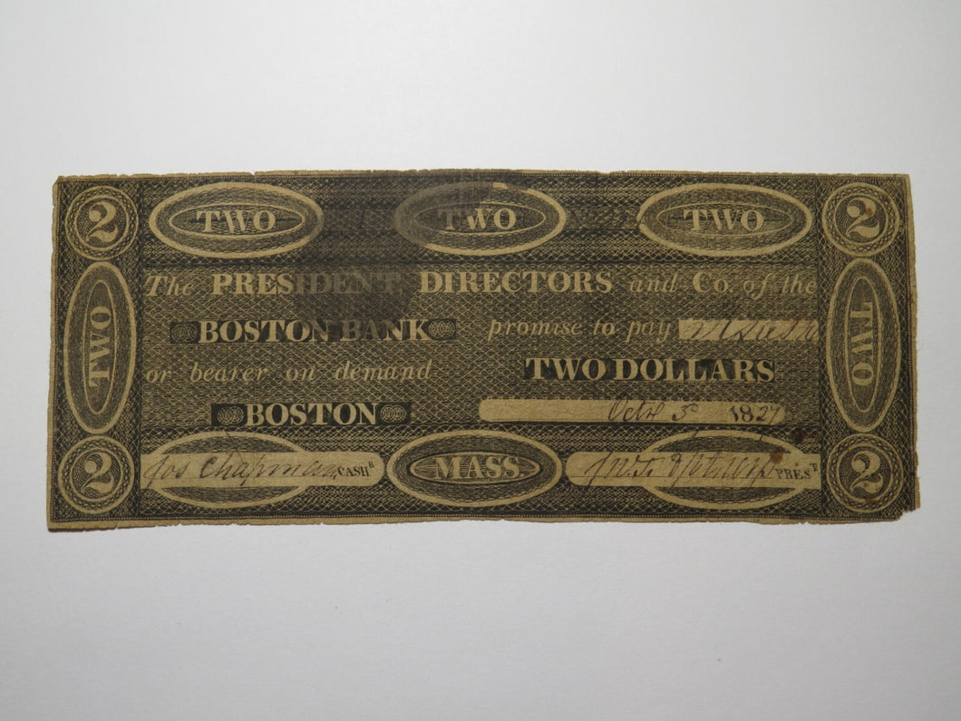 $2 1827 Boston Massachusetts MA Obsolete Currency Bank Note Bill The Boston Bank