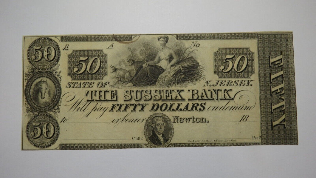 $50 18__ Newton New Jersey NJ Obsolete Currency Bank Note Bill Remainder UNC+++