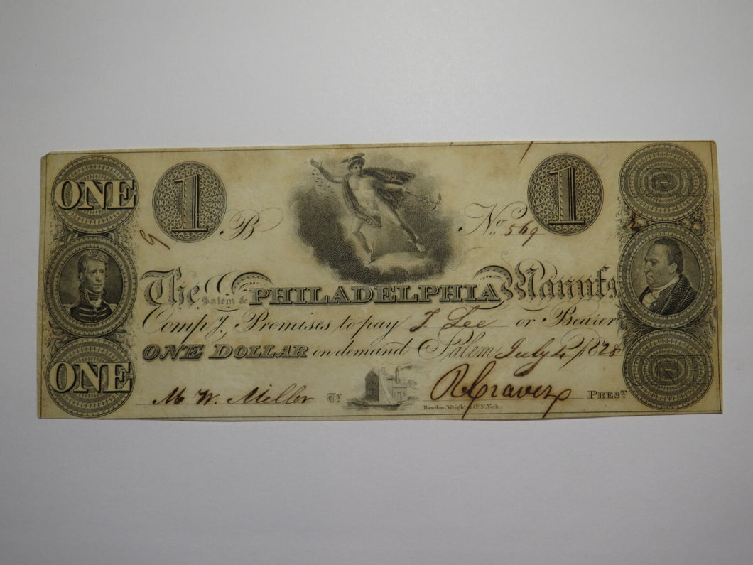 $1 1828 Salem New Jersey Obsolete Currency Bank Note Bill! Salem & Philadelphia