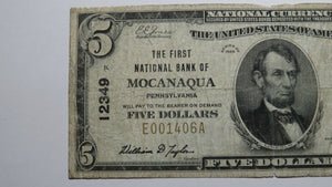 $5 1929 Mocanaqua Pennsylvania PA National Currency Bank Note Bill Ch. #12349