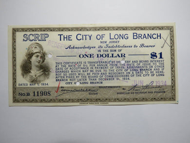 $1 1934 Long Branch New Jersey NJ Obsolete Currency Bank Note Scrip City of LB