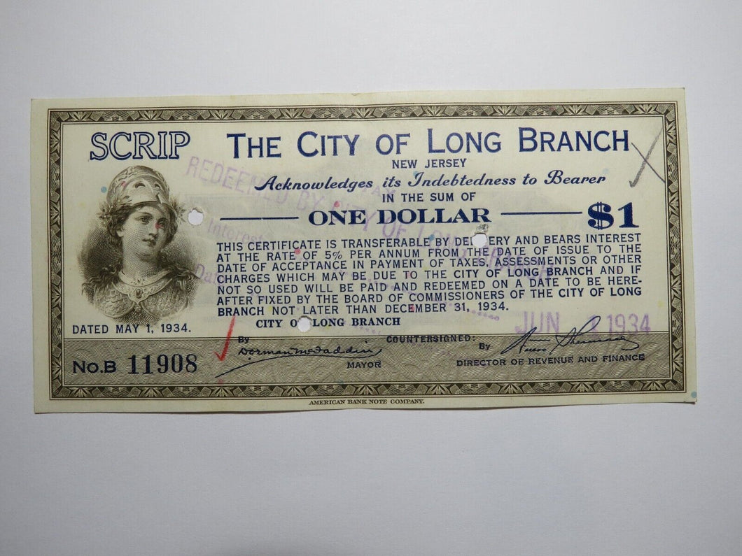 $1 1934 Long Branch New Jersey NJ Obsolete Currency Bank Note Scrip City of LB