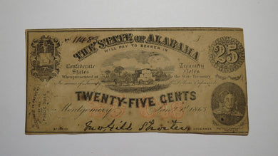 $.25 1863 Montgomery Alabama Obsolete Currency Bank Note Bill AU! Plate J