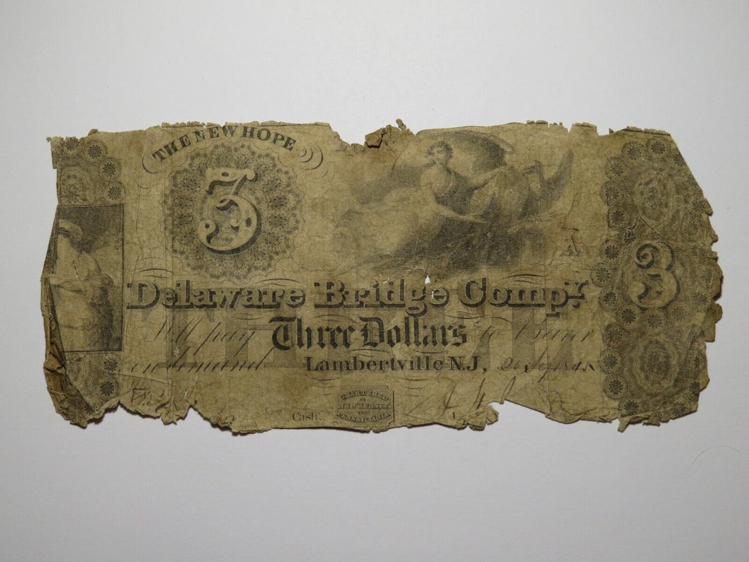 $3 1845 Lambertville New Jersey Obsolete Currency Bank Note Bill Delaware Bridge