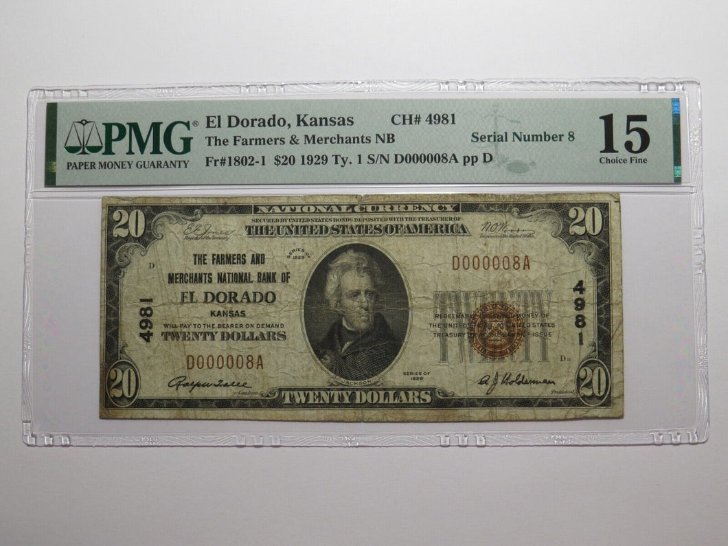 $20 1929 El Dorado Kansas KS National Currency Bank Note Bill Ch. #4981 F15 PMG
