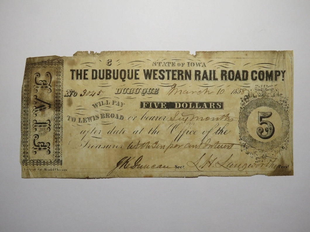 $5 1858 Dubuque Iowa Obsolete Currency Bank Note Bill Western Rail Road Company