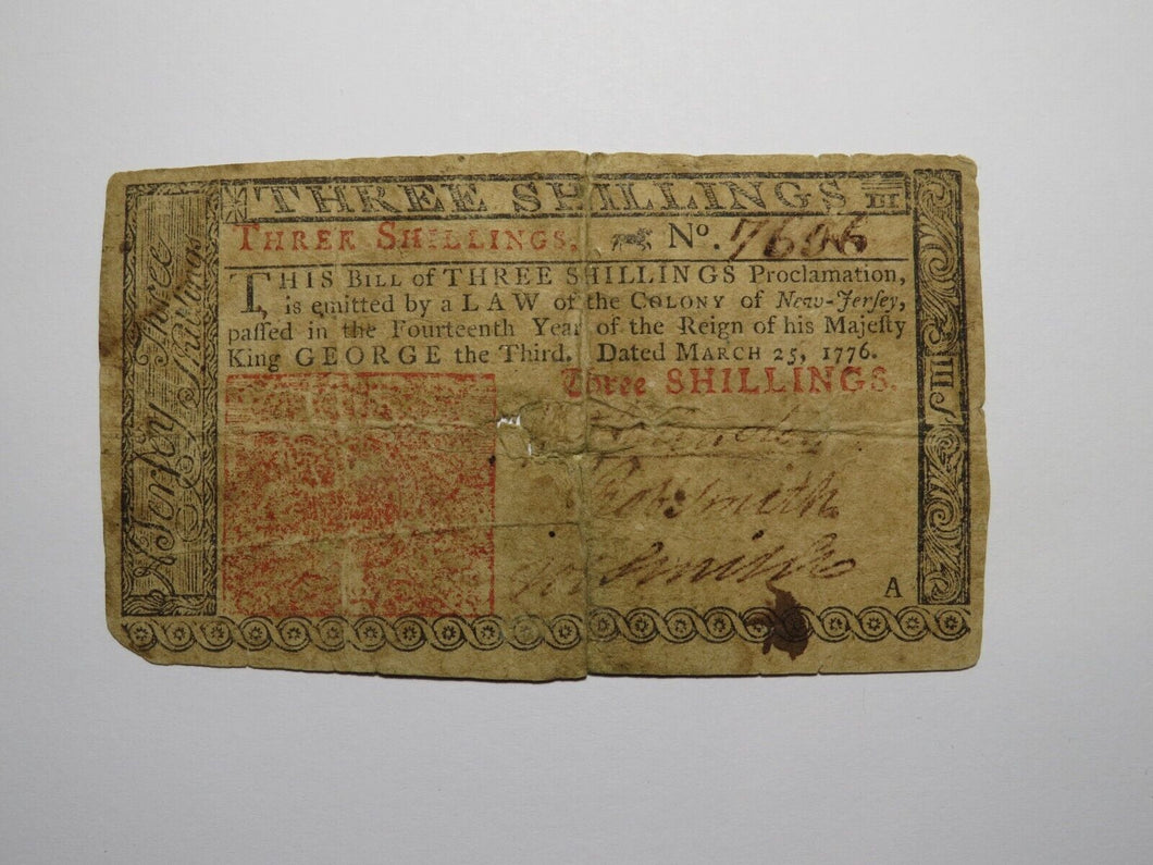 1776 Three Shillings New Jersey NJ Colonial Currency Note Bill! RARE ISSUE 3s