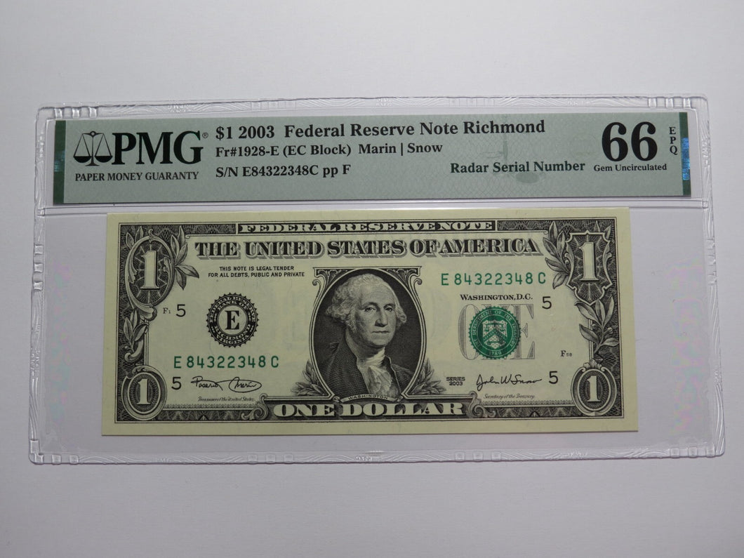 $1 2003 Radar Serial Number Federal Reserve Currency Bank Note Bill PMG UNC66EPQ