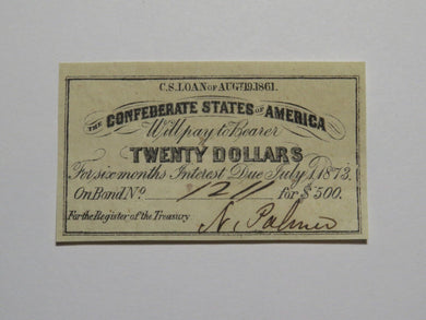 $20 1861 Confederate Bond Coupon Certificate Currency Bank Note Bill UNC