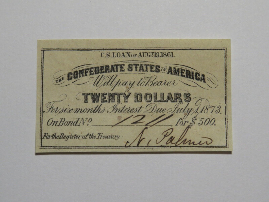 $20 1861 Confederate Bond Coupon Certificate Currency Bank Note Bill UNC